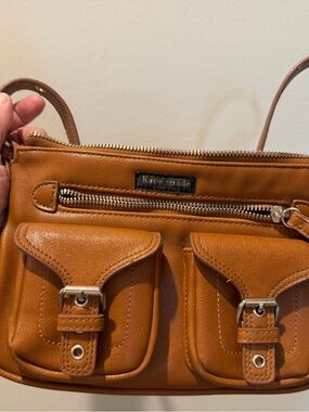 kate spade tan leather crossbody with dual front buckle pockets